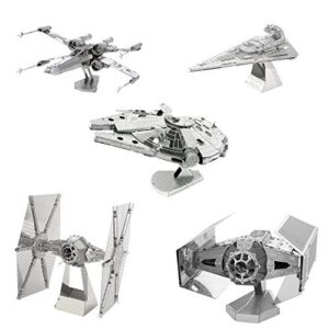 metal earth set of 5 3d laser cut star wars models: x-wing, tie fighter, imperial star destroyer, darth vader’s tie fighter and millennium falcon