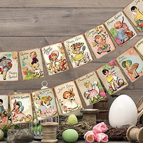 Vintage Easter Banner-Happy Easter Garland for Fireplace Vintage Easter Decorations Spring Rabbit Bunny Bunting for Easter Party Supplies