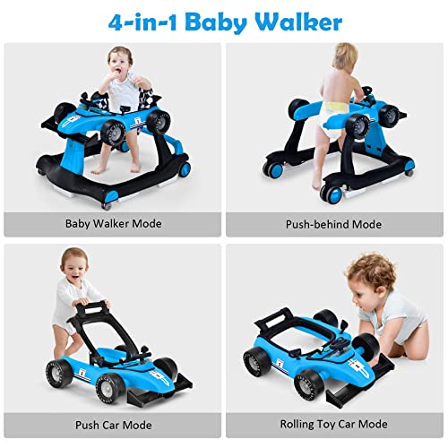 HONEY JOY 4-in-1 Baby Walker, Activity Push Walker w/3 Adjustable Heights, Smooth Wheels w/Adjustable Speed, Padded Seat, Music & Light, Foldable Car Walker for Baby Boys Girls Age 6 Months+ (Blue)