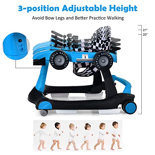 HONEY JOY 4-in-1 Baby Walker, Activity Push Walker w/3 Adjustable Heights, Smooth Wheels w/Adjustable Speed, Padded Seat, Music & Light, Foldable Car Walker for Baby Boys Girls Age 6 Months+ (Blue)