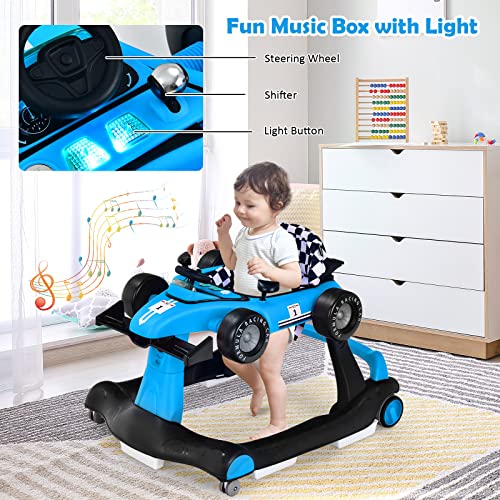 HONEY JOY 4-in-1 Baby Walker, Activity Push Walker w/3 Adjustable Heights, Smooth Wheels w/Adjustable Speed, Padded Seat, Music & Light, Foldable Car Walker for Baby Boys Girls Age 6 Months+ (Blue)