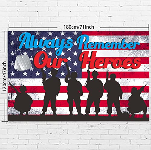 Always Remember Our Heroes Airman Soldiers Banner Stars Red White and Blue Stripes Theme Decor for Retirement Ceremony American Military Veteran Retired Going Away Party Supplies Decorations Backdrop