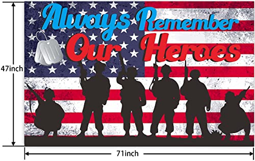 Always Remember Our Heroes Airman Soldiers Banner Stars Red White and Blue Stripes Theme Decor for Retirement Ceremony American Military Veteran Retired Going Away Party Supplies Decorations Backdrop