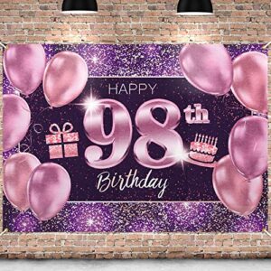 pakboom happy 98th birthday banner backdrop – 98 birthday party decorations supplies for women – pink purple gold 4 x 6ft