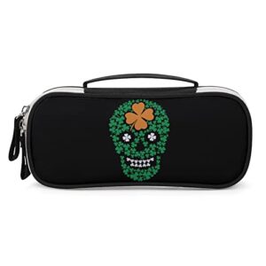 irish skull with clover pu leather pencil pen case organizer travel makeup handbag portable stationery bag