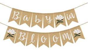 whaline baby in bloom burlap banner with flower, rustic bunting garland for baby in bloom party, baby shower magnolia floral, spring theme party mommy to be celebration supplies