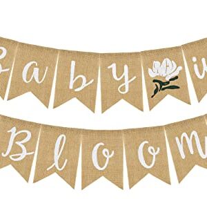 Whaline Baby in Bloom Burlap Banner with Flower, Rustic Bunting Garland for Baby in Bloom Party, Baby Shower Magnolia Floral, Spring Theme Party Mommy to Be Celebration Supplies