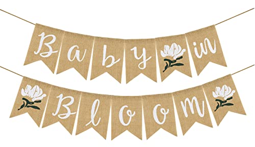 Whaline Baby in Bloom Burlap Banner with Flower, Rustic Bunting Garland for Baby in Bloom Party, Baby Shower Magnolia Floral, Spring Theme Party Mommy to Be Celebration Supplies