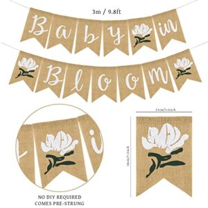 Whaline Baby in Bloom Burlap Banner with Flower, Rustic Bunting Garland for Baby in Bloom Party, Baby Shower Magnolia Floral, Spring Theme Party Mommy to Be Celebration Supplies