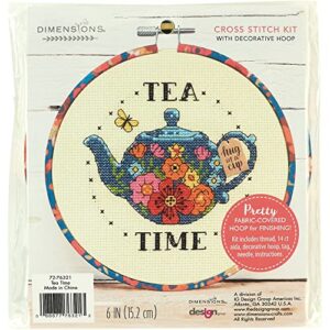 dimensions tea time counted cross stitch kit for beginners, 6″ diameter, 6 piece