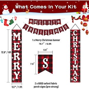 DECORLIFE Christmas Banners for Outside, Large Christmas Door Banner Red Black Buffalo Plaid, Hanging Merry Christmas Porch Sign for Front Door Indoor Outdoor Home Christmas Decorations