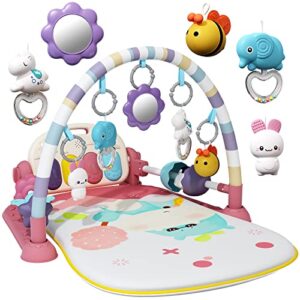 jovow baby gym with kick and play piano,baby play mat tummy time baby activity gym mat with 5 infant learning sensory for baby, music and lights boy or girl gifts for newborn（pink）