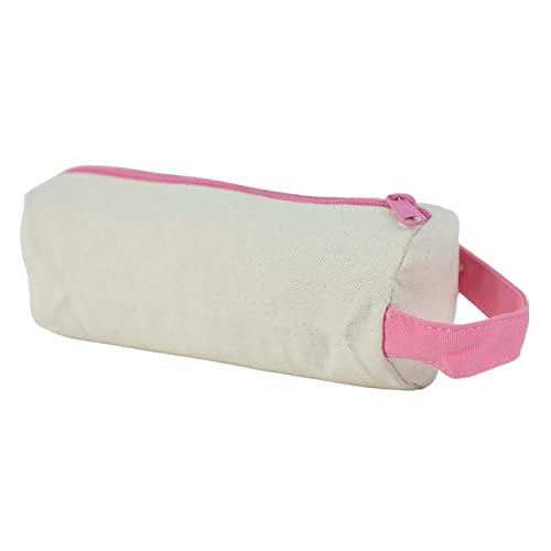 Tag&Crew Lightweight Canvas Round Pencil Bag Pen Case Stationery Pouch Zipper Bag Cosmetic Bags, School Supplies for Students with Durable Compact Zipper - Punch Pink