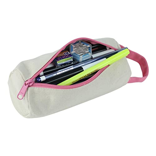 Tag&Crew Lightweight Canvas Round Pencil Bag Pen Case Stationery Pouch Zipper Bag Cosmetic Bags, School Supplies for Students with Durable Compact Zipper - Punch Pink