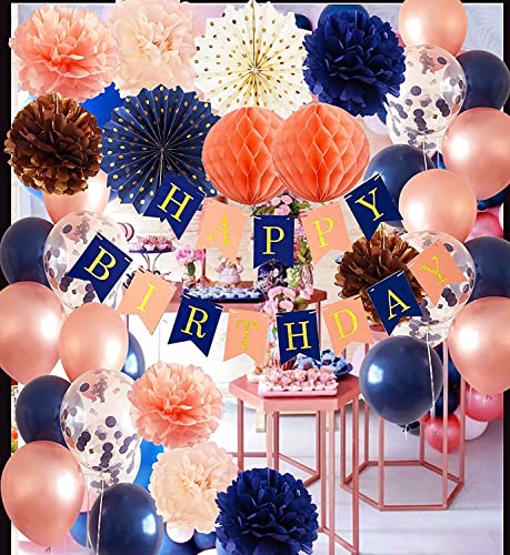 Navy Blue Birthday Decorations for Women 50th/40th/60th Birthday Qian's Party Champagne Peach Navy Peach Balloons HAPPY BIRTHDAY Banner for Women's Birthday Party Decorations