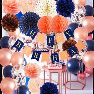 Navy Blue Birthday Decorations for Women 50th/40th/60th Birthday Qian's Party Champagne Peach Navy Peach Balloons HAPPY BIRTHDAY Banner for Women's Birthday Party Decorations