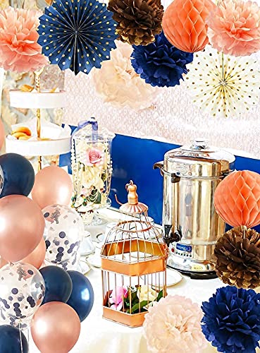 Navy Blue Birthday Decorations for Women 50th/40th/60th Birthday Qian's Party Champagne Peach Navy Peach Balloons HAPPY BIRTHDAY Banner for Women's Birthday Party Decorations