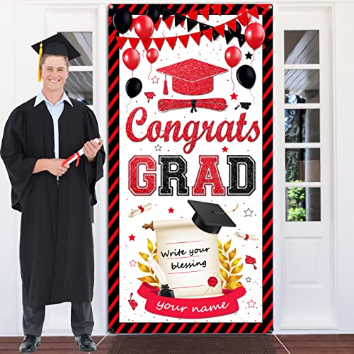 Graduation Party Decorations 2023 Red Congrats Grad Door Cover Class of 2023 Graduation Banner Backdrop for 2023 Grad Indoor Outdoor Party Supplies with A Gift Pen(Red)