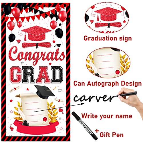 Graduation Party Decorations 2023 Red Congrats Grad Door Cover Class of 2023 Graduation Banner Backdrop for 2023 Grad Indoor Outdoor Party Supplies with A Gift Pen(Red)