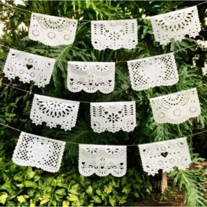 white papel picado mexican paper -5pack- medium mexican white banners -60 panels wedding bridal decorations garland flags 16 feet long each strip -handmade by mexican artisans