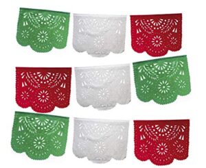 fiesta brands mexican papel picado banner.tri color.green white and red vibrant colors tissue paper. large size panels. multicolored flowers design