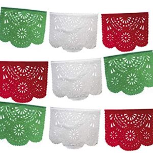 Fiesta Brands Mexican Papel Picado Banner.Tri Color.Green White and Red Vibrant Colors Tissue Paper. Large Size Panels. Multicolored Flowers Design