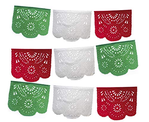 Fiesta Brands Mexican Papel Picado Banner.Tri Color.Green White and Red Vibrant Colors Tissue Paper. Large Size Panels. Multicolored Flowers Design