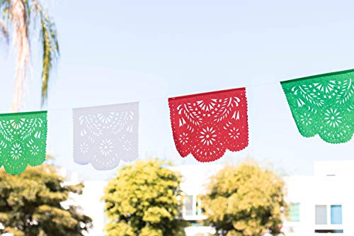 Fiesta Brands Mexican Papel Picado Banner.Tri Color.Green White and Red Vibrant Colors Tissue Paper. Large Size Panels. Multicolored Flowers Design