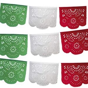 Fiesta Brands Mexican Papel Picado Banner.Tri Color.Green White and Red Vibrant Colors Tissue Paper. Large Size Panels. Multicolored Flowers Design