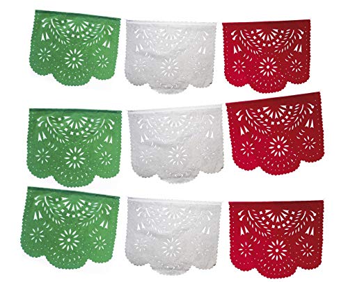 Fiesta Brands Mexican Papel Picado Banner.Tri Color.Green White and Red Vibrant Colors Tissue Paper. Large Size Panels. Multicolored Flowers Design