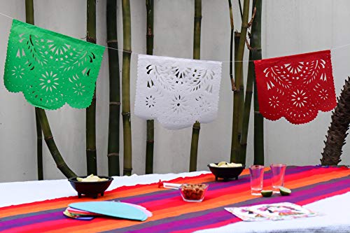 Fiesta Brands Mexican Papel Picado Banner.Tri Color.Green White and Red Vibrant Colors Tissue Paper. Large Size Panels. Multicolored Flowers Design