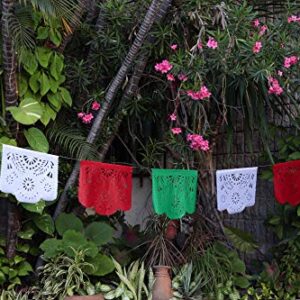 Fiesta Brands Mexican Papel Picado Banner.Tri Color.Green White and Red Vibrant Colors Tissue Paper. Large Size Panels. Multicolored Flowers Design