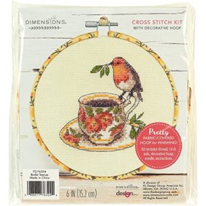 dimensions birdie teacup counted cross stitch kit for beginners, 6″ diameter, multicolor 5 piece