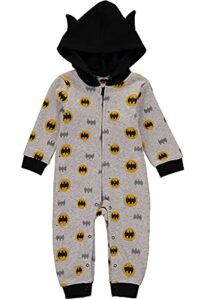 dc comics batman baby boy romper with hooded jumpsuit (black/yellow, 0-3 months)