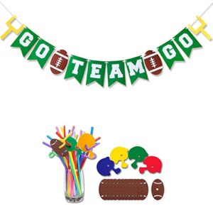 football themed go team go felt banner supplies – birthday party sports game day clubs kids boys party decorations, indoor and outdoor hanging, packs with 50 colorful drinking straws and 24 toppers