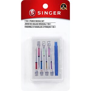 singer 8 piece punch needle embroidery kit with 7 assorted size punch needle heads, interchangeable handle, and punch needle storage case