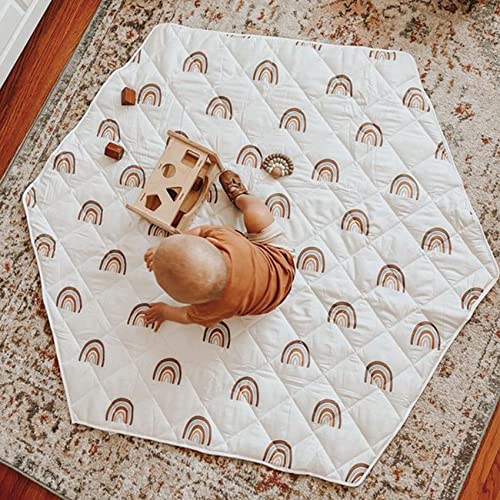 Hexagon Playpen Mat, Baby Floor Mat Fits Regalo Play Yard 6 Panel Playpen and Hiccapop PlayPod, Portable Playpen Mattress,Non Slip, Baby Essentials, Rainbow