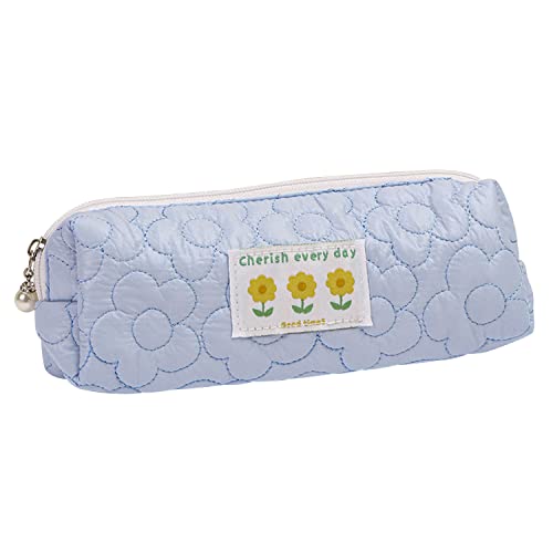 Fycyko Cute Flower Pencil Pen Case Cosmetic with Pearl Zipper for Girl Lightweight Aesthetic Organizer Fashion Storage Pouch Bag,Blue Small Pencil Case for Adults Students School