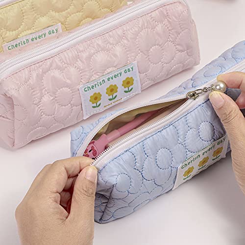 Fycyko Cute Flower Pencil Pen Case Cosmetic with Pearl Zipper for Girl Lightweight Aesthetic Organizer Fashion Storage Pouch Bag,Blue Small Pencil Case for Adults Students School