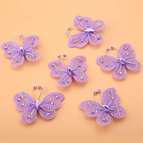 Yosoo Health Gear Purple Wire Butterflies, Mesh Butterfly Sheer, 24Pcs Sheer Mesh Wire Glitter Butterfly Wedding Party Clothing Decoration DIY Supplies for Decorating(Purple)