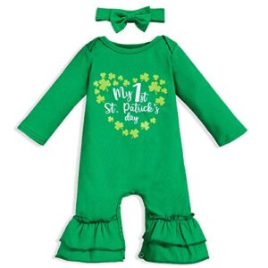 my 1st st. patricks day romper baby girl ruffle jumpsuit shamrock print long sleeve coming home outfits+headband (green, 1-3 months)