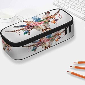 Yekiua Bull's Head Pencil Case Watercolor Fashion Cow Skull Boho Peony Flowers Feathers Big Capacity Pencil Pouch Office College School Makeup Bag For Teens Girls Adults Student Colorful