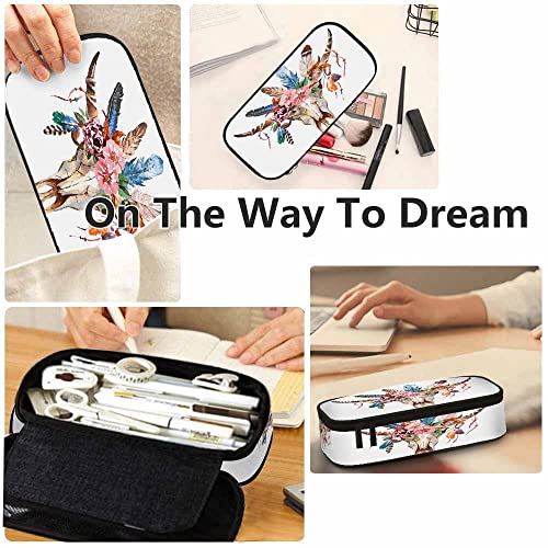 Yekiua Bull's Head Pencil Case Watercolor Fashion Cow Skull Boho Peony Flowers Feathers Big Capacity Pencil Pouch Office College School Makeup Bag For Teens Girls Adults Student Colorful