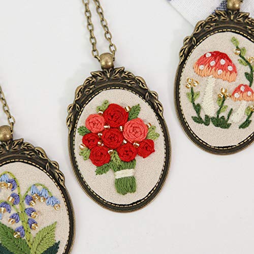 Akacraft Retro Necklace Embroidery Starter Kit, Handmade DIY Cloth with Stamped Floral Patterns, 5 Inch Cross Stitch Hoop, Crewel Needle Point Floss, Vintage Golden Beads B