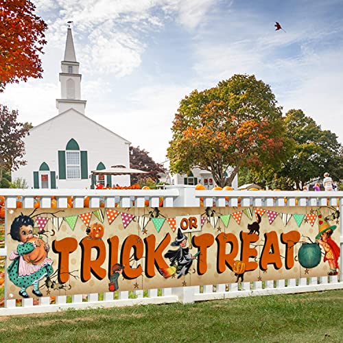 Vintage Halloween Decorations Outdoor Yard Sign Trick or Treat Banner Witch Pumpkin Backdrop Home Wall Decor Traditional Retro Hanging Banner for Halloween Holiday Party Supplies Indoor Outdoor