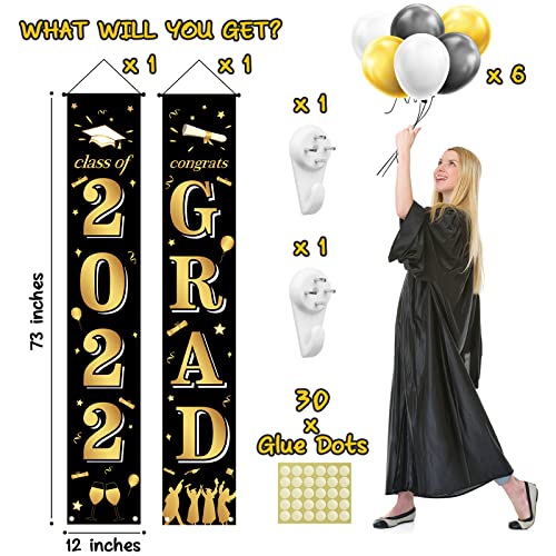 Graduation Party Decorations 2022 Banner, Grad Decor Porch Yard Sign Door Banner for Senior School College Kindergarten, Black Gold Congrats Grad & Class of 2022 Indoor/Outdoor Grad Party Supplies