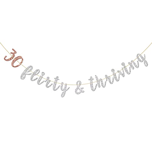 INNORU 30 Flirty & Thriving Banner, Happy 30th Birthday Party Decorations, 30th Anniversary Banner, Cheers to 30 Years Party Decoration Silver Glitter
