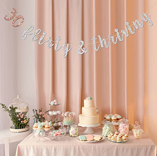 INNORU 30 Flirty & Thriving Banner, Happy 30th Birthday Party Decorations, 30th Anniversary Banner, Cheers to 30 Years Party Decoration Silver Glitter