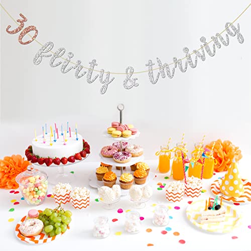 INNORU 30 Flirty & Thriving Banner, Happy 30th Birthday Party Decorations, 30th Anniversary Banner, Cheers to 30 Years Party Decoration Silver Glitter