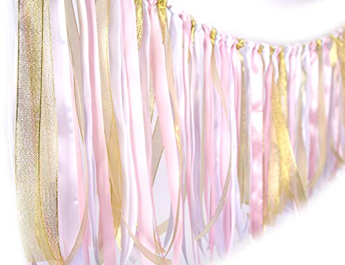 Fabric Lace Tassel Garland ribbon garlands Garland already assembled ribbon Wall Hanging Decor Nursery Photo Props For Wedding Event Birthday Anniversary Baby shower Party Supplies Pink & White & Gold